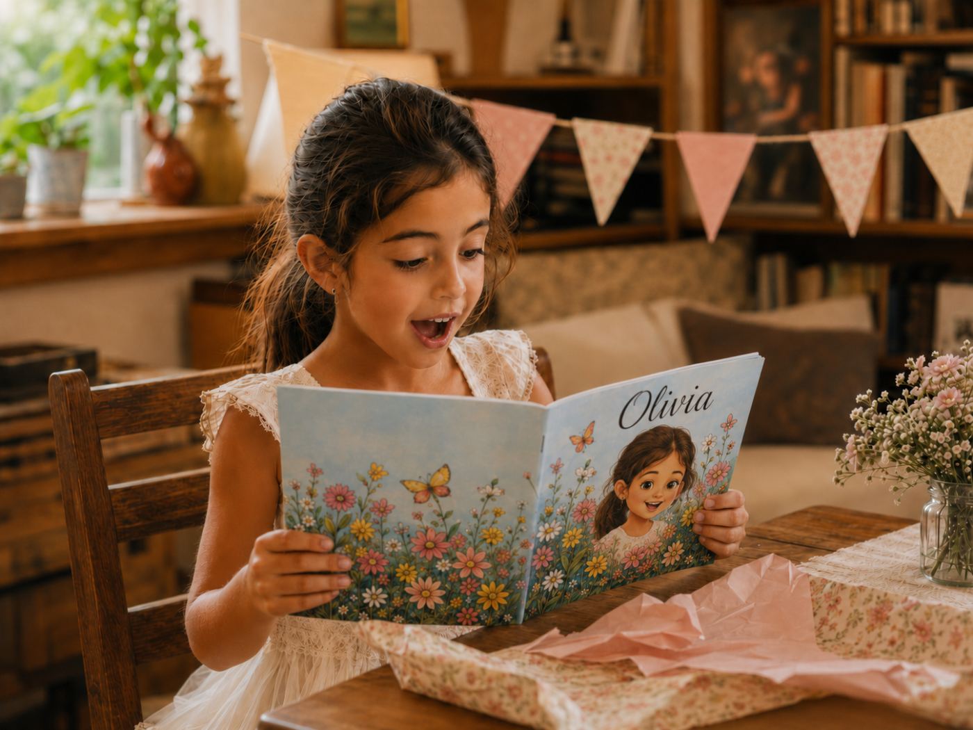 Nena abriendo su libro personalizado en su cumpleaños