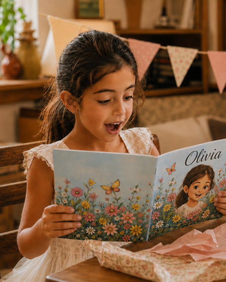 Nena abriendo su libro personalizado en su cumpleaños