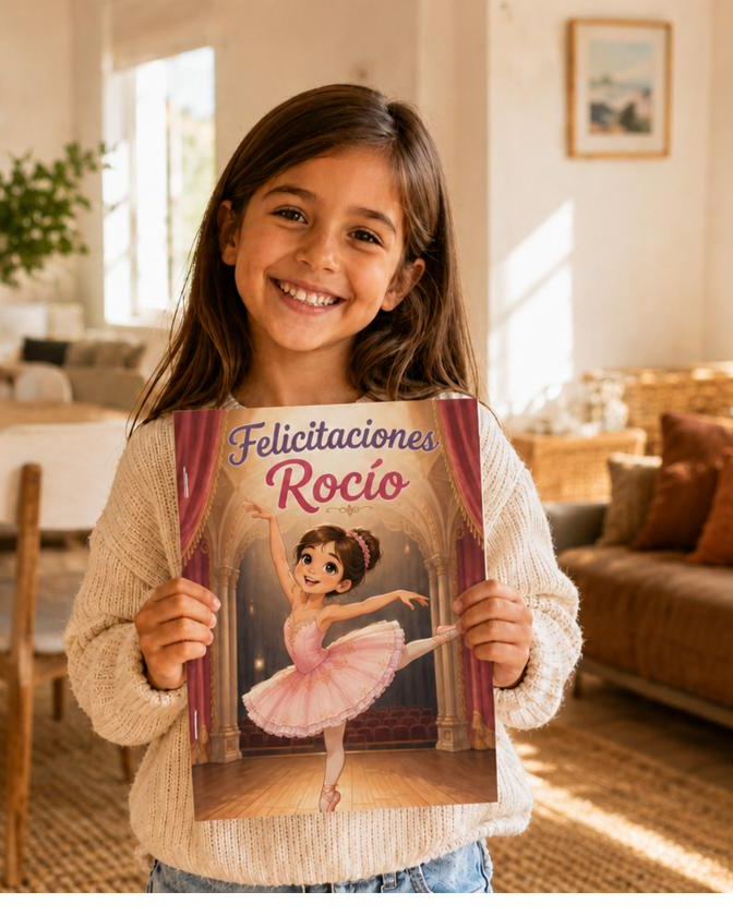 Niña sorprendida mirando su libro de colorear personalizado