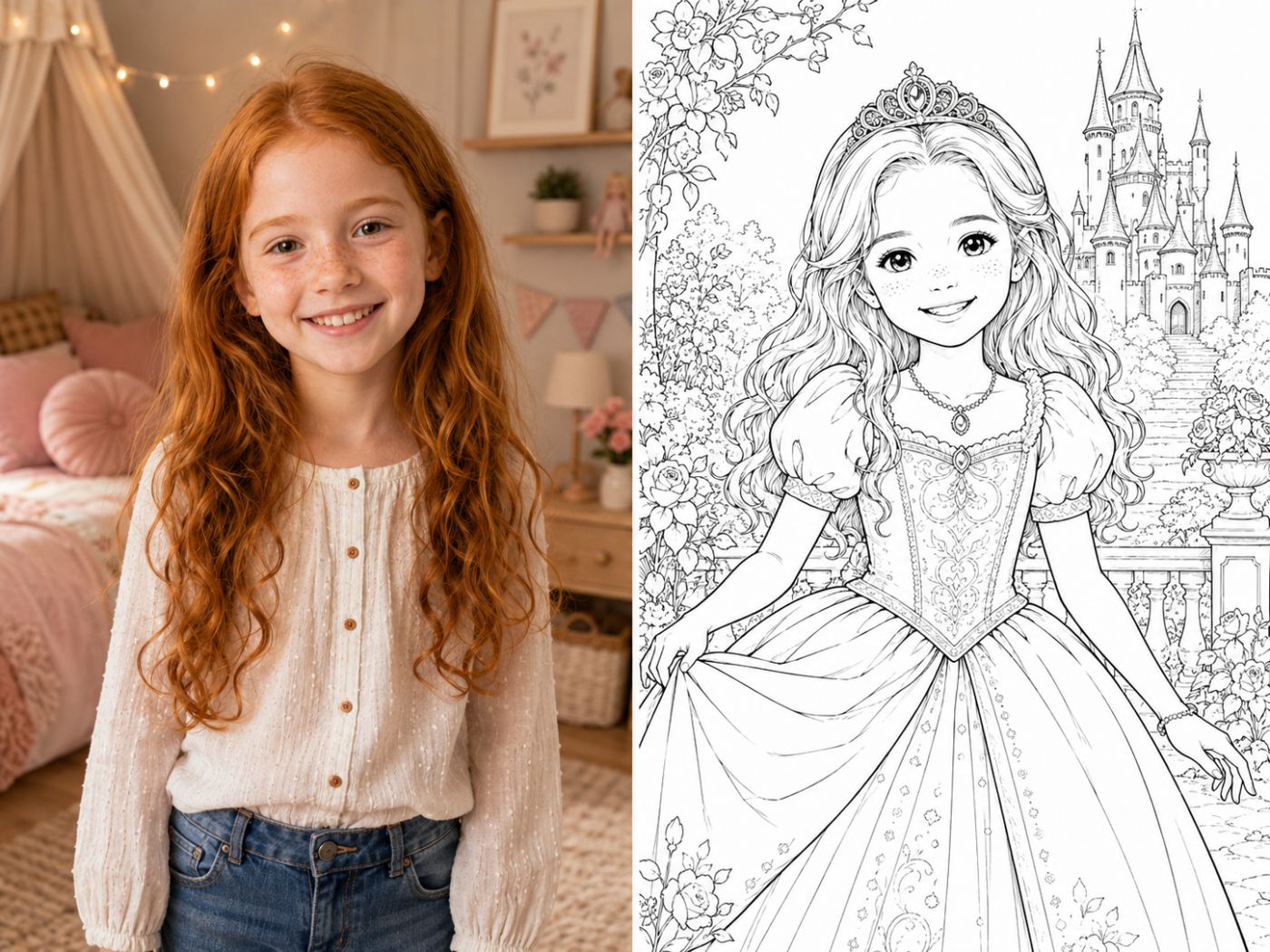 Muestra temática princesas: foto real y página para colorear